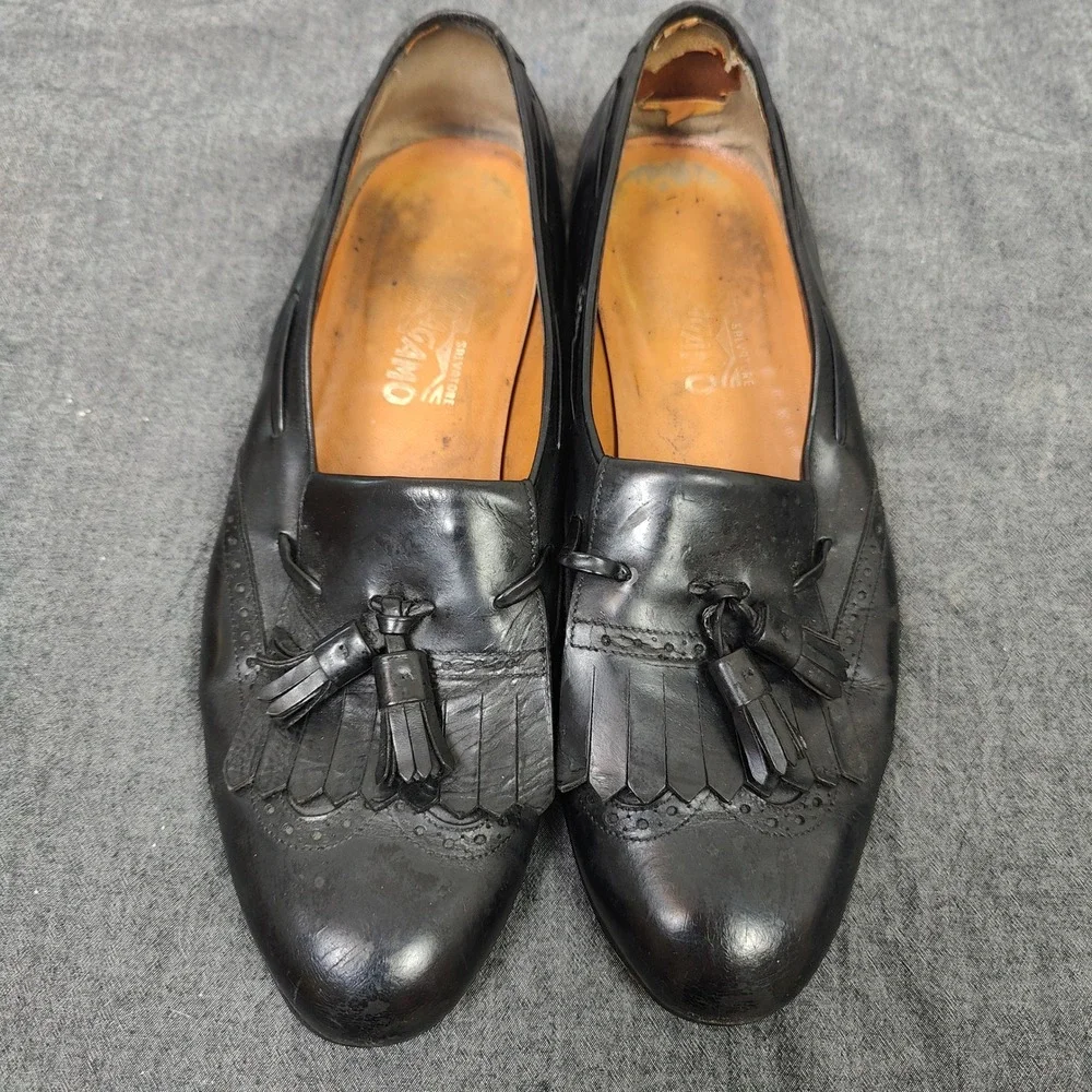 Vintage Salvatore Ferragamo Men Loafers 10.5D Black Kiltie Tassel Wingtip Brogue